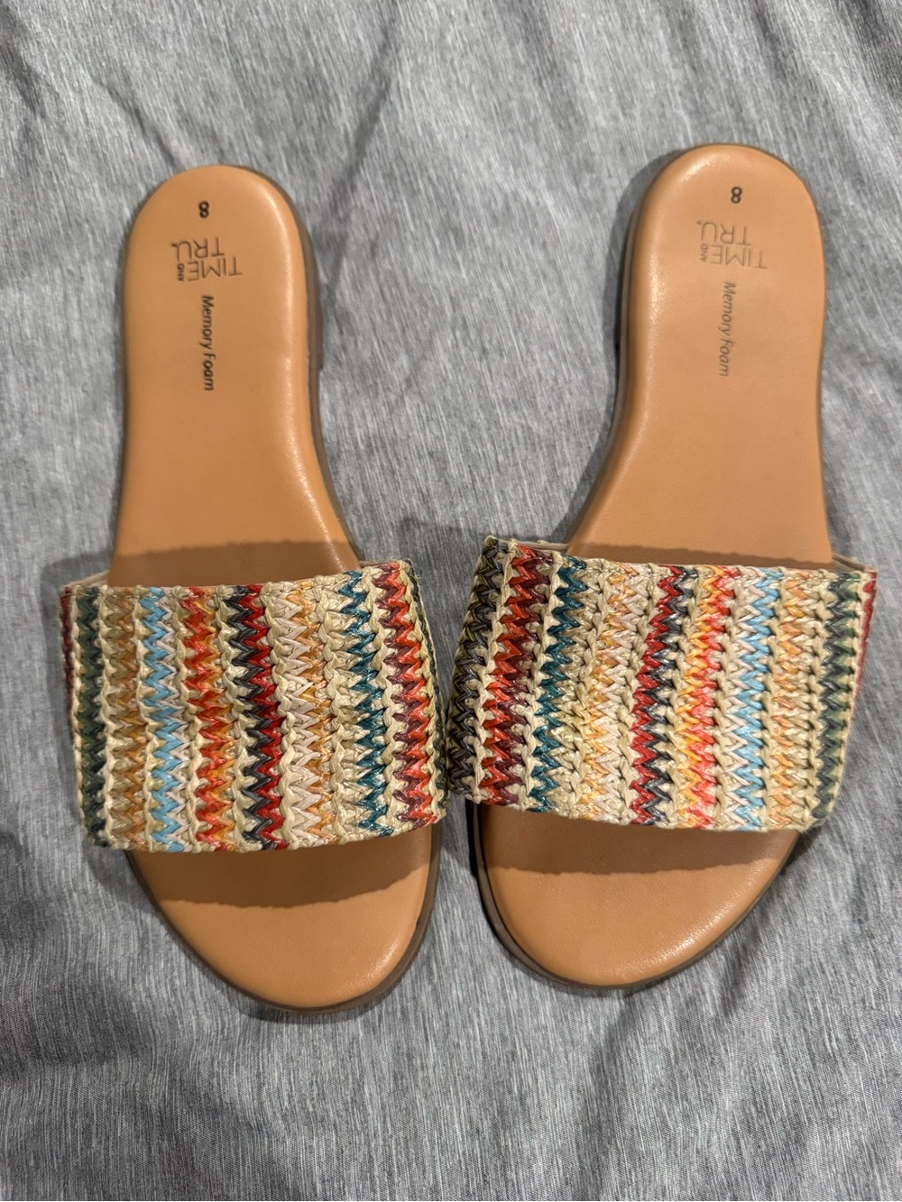 Time and Tru Tan Slide Sandals with Multicolor Braided Strap